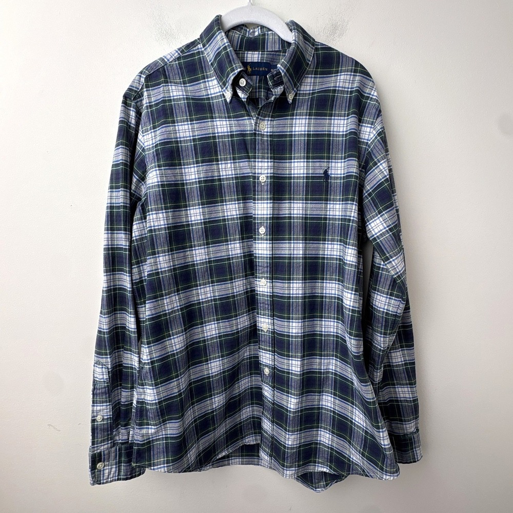Ralph Lauren Button Down Shirt Mens Medium Navy Blue White Tartan Plaid Preppy - Picture 1 of 9
